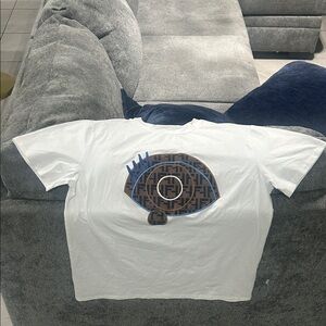 White Tee with Brown and Blue Logo